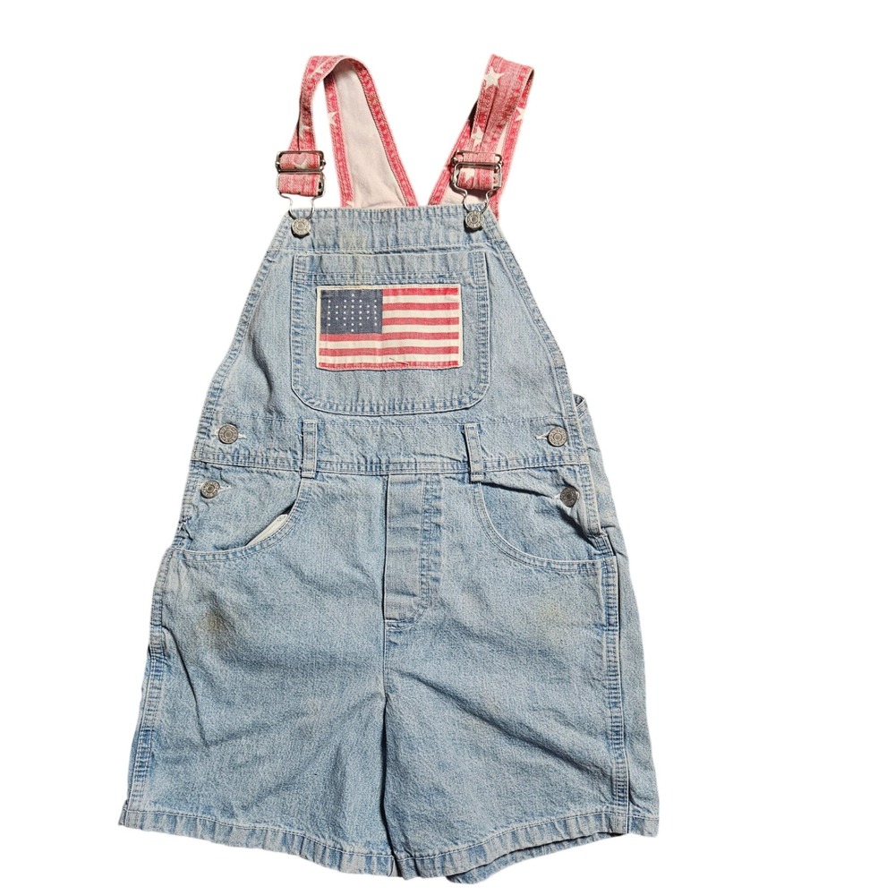 Vintage 90s Guess Denim Shortalls Overall American Flag Stars Girls 10 USA Retro